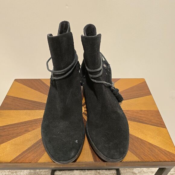 Sorel Black Leather Boots Womens 8.5 Farah Tassel Ties Ankle Booties Suede Boho - Picture 3 of 13